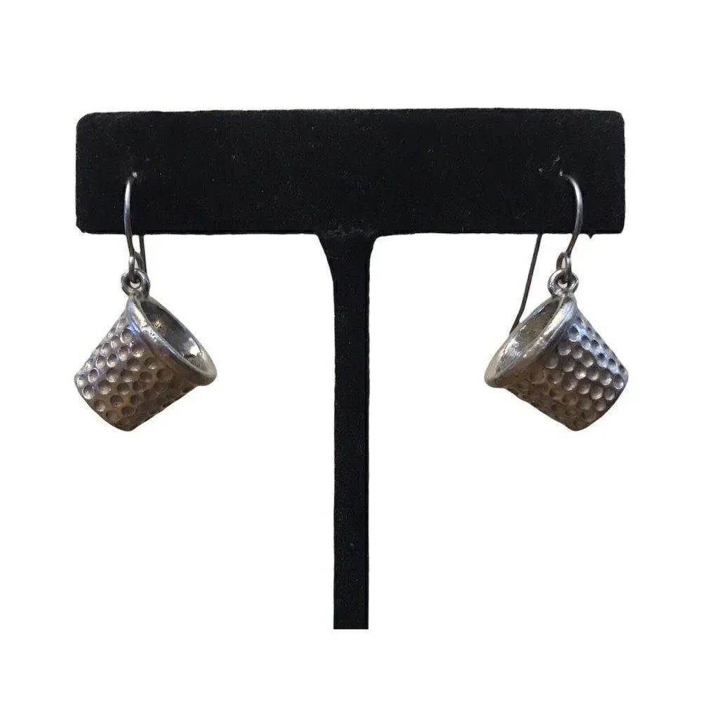 Clift Thimble Pierced Earrings Drop Dangle Silver Tone Metal Sewing Crafting Vtg